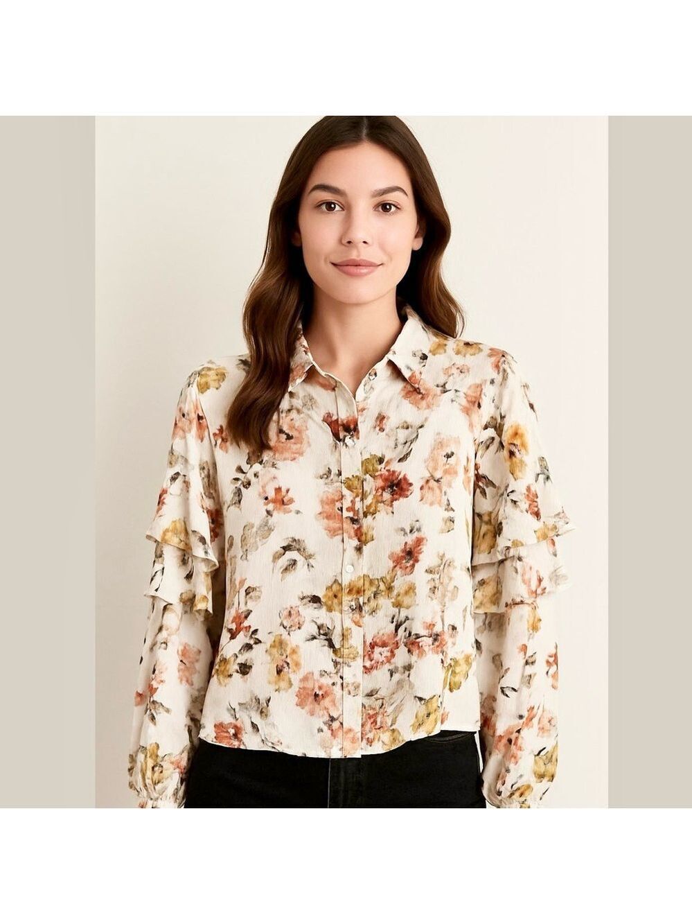 Part Two Klennie Ruffle Long Sleeve Floral Button Front Flowy Blouse, size 40/10